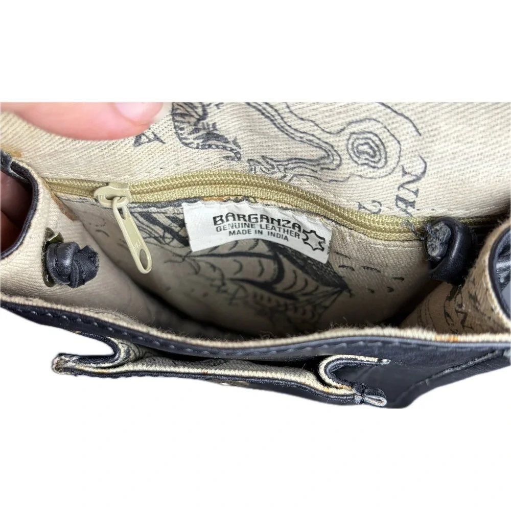 Vintage Y2K Barganza Black Leather Mini Crossbody Bag Map Lining‎ India Boho